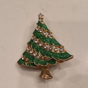 Vintage Festive Green and Gold Christmas Tree Brooch